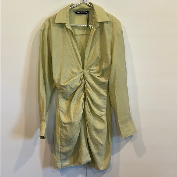 Zara Lime Green Ruched Mini Dress Collared Long Sleeve Shirt Dress XS/Small - Picture 5 of 15